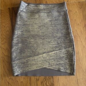 BCBGMaxAzria Metallic Gold and Taupe Textured Bodycon Mini Skirt